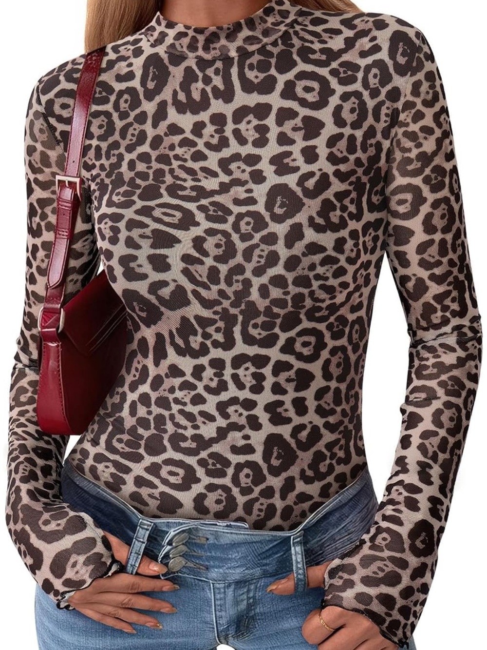 Women's Long-Sleeve Leopard Mock Neck Top - Taupe/Brown